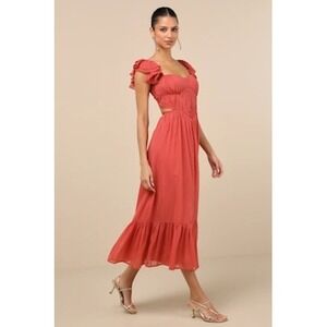 Lulus Terracotta Rose Pleated Corset Midi Dress Ruffle Sleeve Cutout Back size M